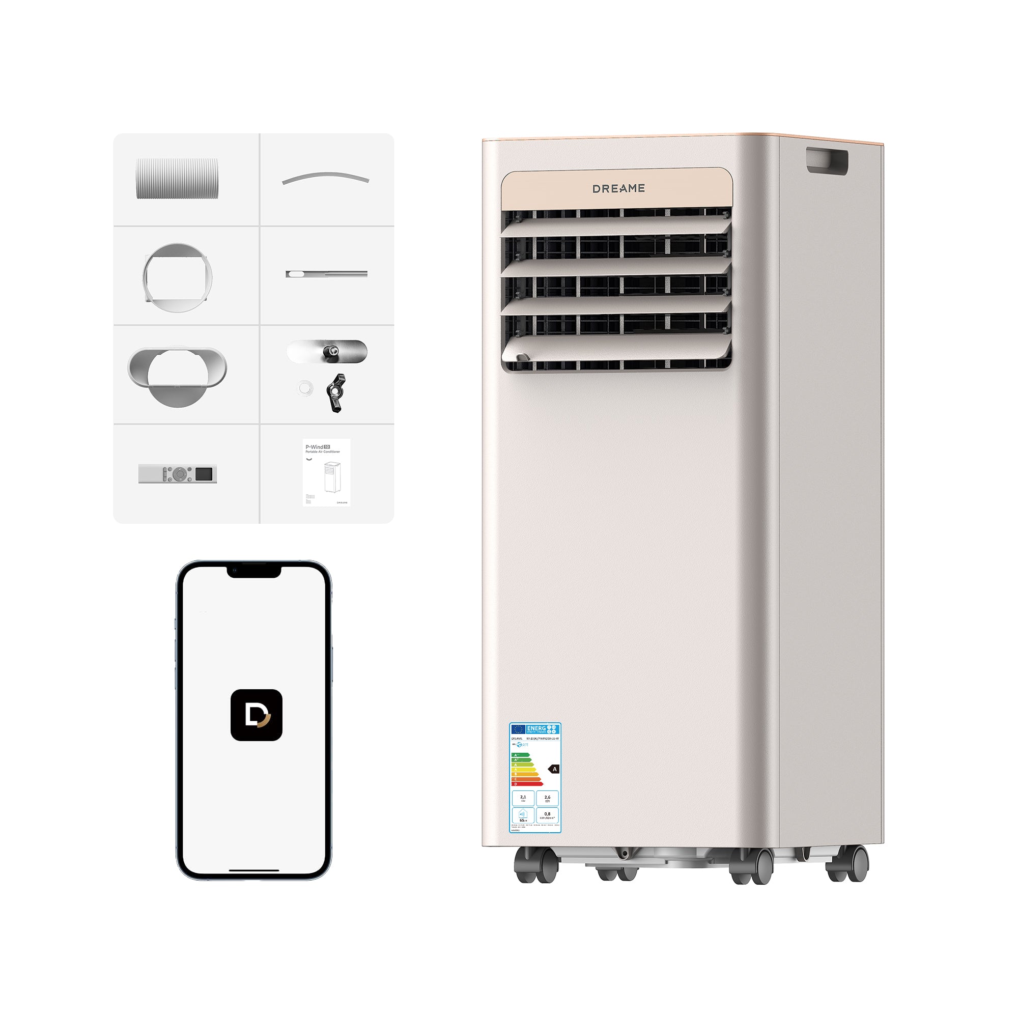 DREAME P-Wind10 7000 BTU Climatiseur portable 3-en-1 : Refroidissement, Déshumidification et Ventilateur, flux d’air 3D, contrôle via appli et télécommande, mode sommeil, installation facile